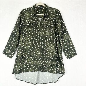Boho Chic V Neck Tunic Top Hi Low Size Large Leoprd Green Collared
